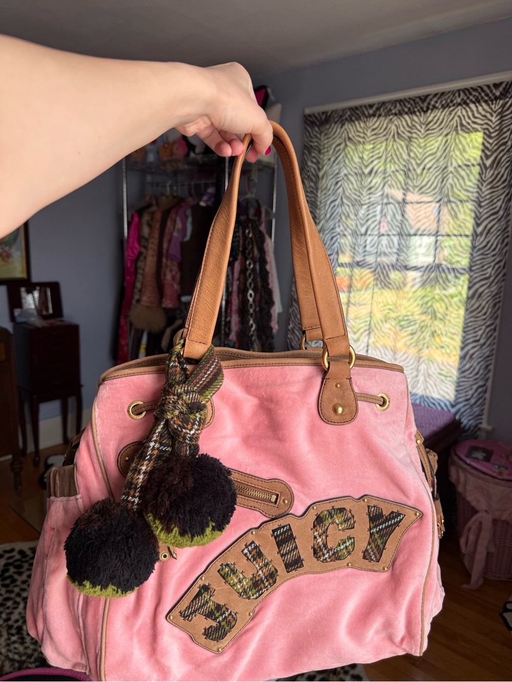 RARE Juicy Couture Preppy Pink Velour Tote with Tan Leather Trim